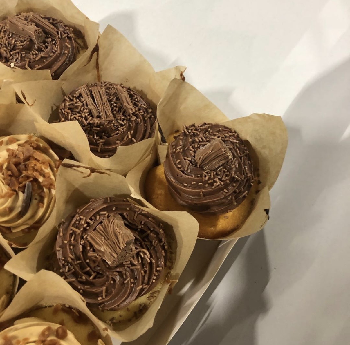 Cakes topped with chocolate icing and chocolate sprinkles